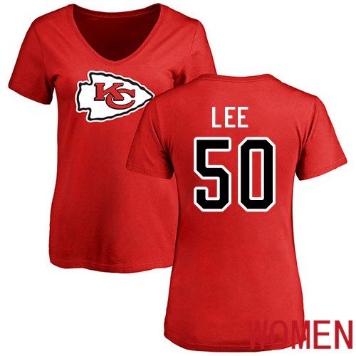 Women Kansas City Chiefs #50 Lee Darron Red Name and Number Logo Slim Fit NFL T Shirt